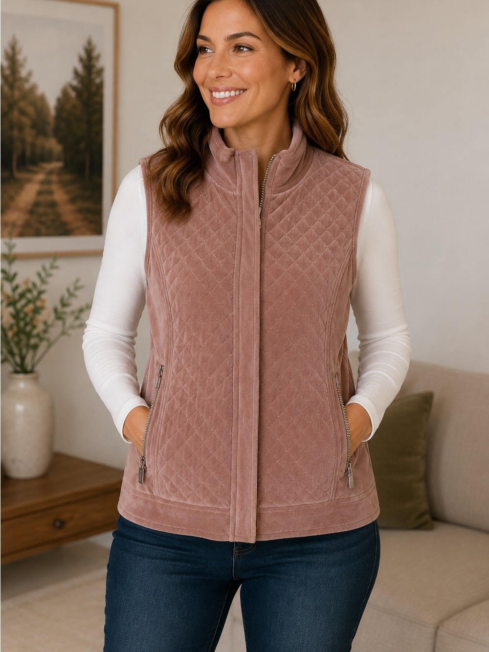 Liz & Co. Women’s Large Mauve Quilted Velour Zip Vest Full Zip Pockets